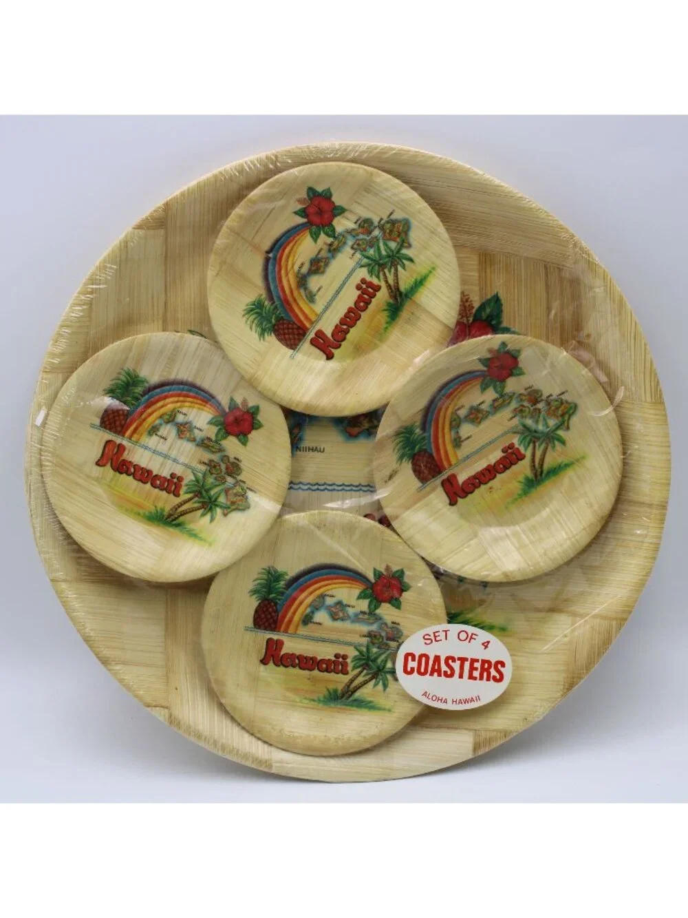 5 Piece Set of Hawaii Bamboo Plate And Coasters Rainbow Island Map Pineapple VTG